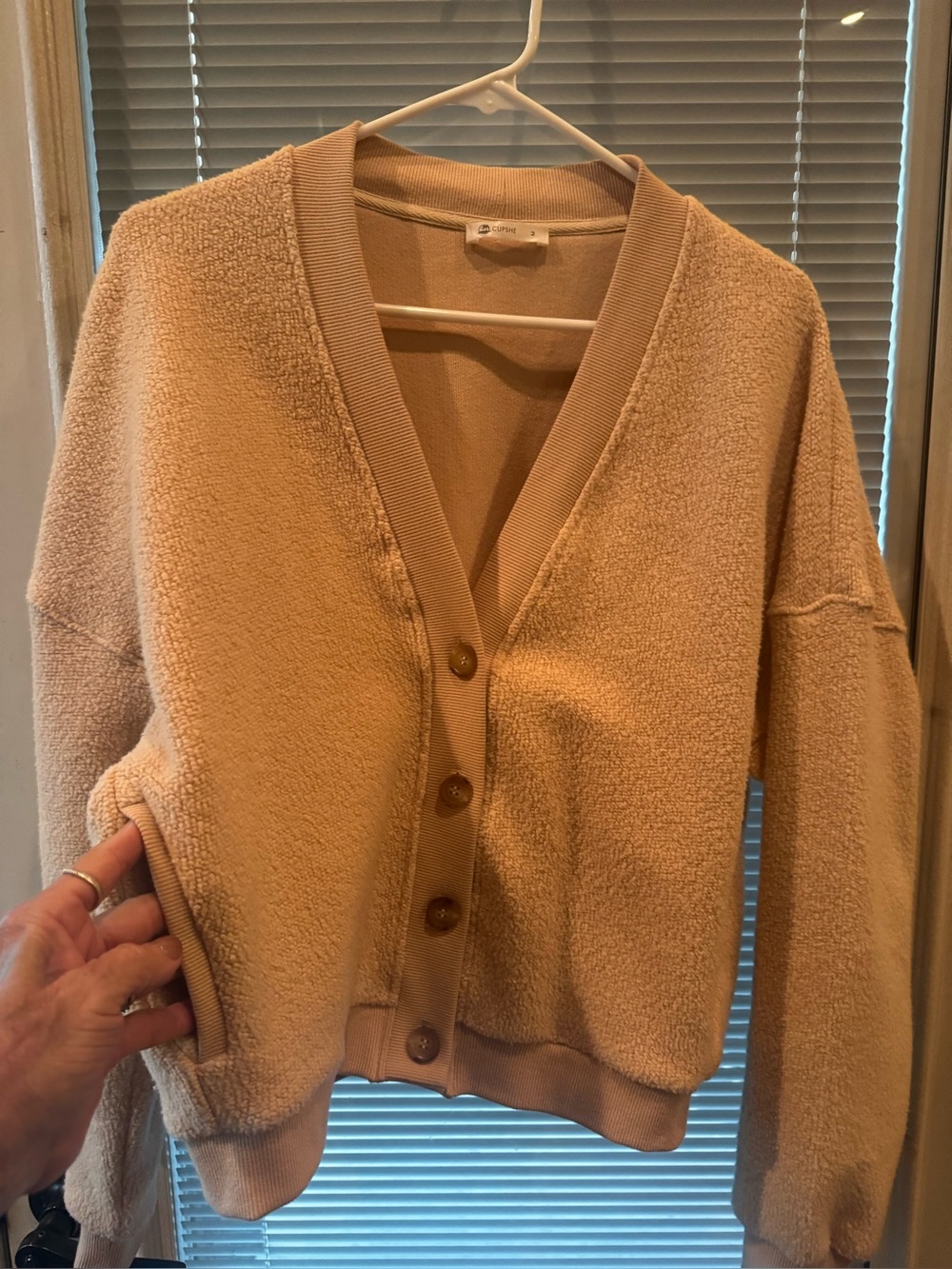 Cupshe Cozy Warm Camel Button-Up Teddy Cardigan with pockets